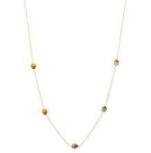 Load image into Gallery viewer, 18k yellow gold necklace, with 5 rounded puffed 5mm enamel ladybugs, rolo chain.
