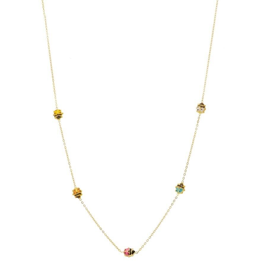 18k yellow gold necklace, with 5 rounded puffed 5mm enamel ladybugs, rolo chain.