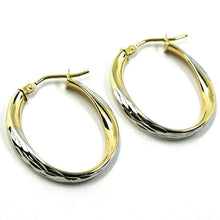 Load image into Gallery viewer, 18K YELLOW WHITE GOLD OVAL CIRCLE HOOPS PENDANT EARRINGS, TWISTED 2.5cm ONDULATE.
