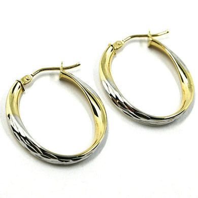 18K YELLOW WHITE GOLD OVAL CIRCLE HOOPS PENDANT EARRINGS, TWISTED 2.5cm ONDULATE.