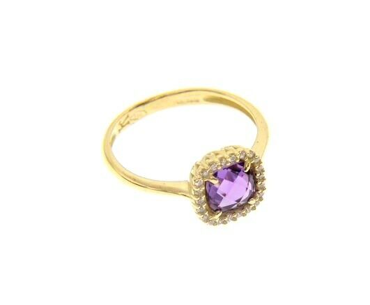 18K YELLOW GOLD RING CUSHION SQUARE PURPLE AMETHYST AND CUBIC ZIRCONIA FRAME.