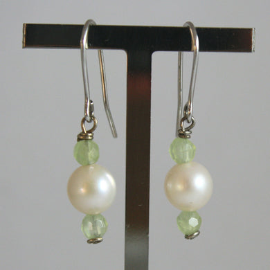 SOLID 18K WHITE GOLD EARRINGS, WITH GREEN RUTILATED QUARTZ AND WHITE PEARL.