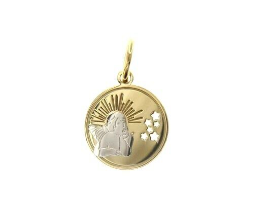 18K YELLOW WHITE GOLD MEDAL 13mm ROUND PENDANT, GUARDIAN ANGEL, STARS.