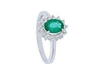 solid 18k white gold flower ring with oval cut emerald 0.78ct, diamonds frame.
