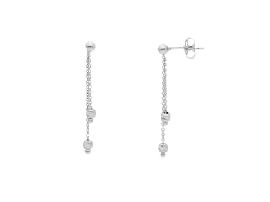 18K WHITE GOLD DOUBLE PENDANT EARRINGS 2.5mm WORKED SPHERES FACETED BALLS, 33mm.
