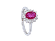 SOLID 18K WHITE GOLD FLOWER RING WITH OVAL CUT RUBY 0.98 Carats, DIAMONDS FRAME.
