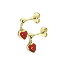 Load image into Gallery viewer, 18K YELLOW GOLD PENDANT 12MM EARRINGS WITH RED ENAMEL MINI HEART, MADE IN ITALY
