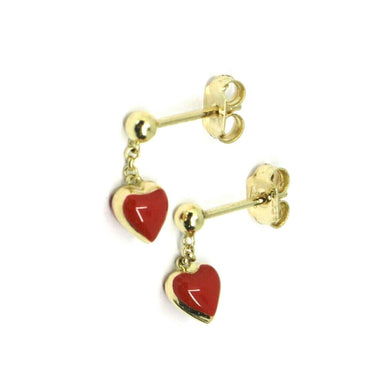 18K YELLOW GOLD PENDANT 12MM EARRINGS WITH RED ENAMEL MINI HEART, MADE IN ITALY.