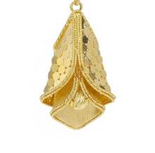 Load image into Gallery viewer, 18k yellow gold pendant 45mm leverback earrings finely worked satin calla flower.
