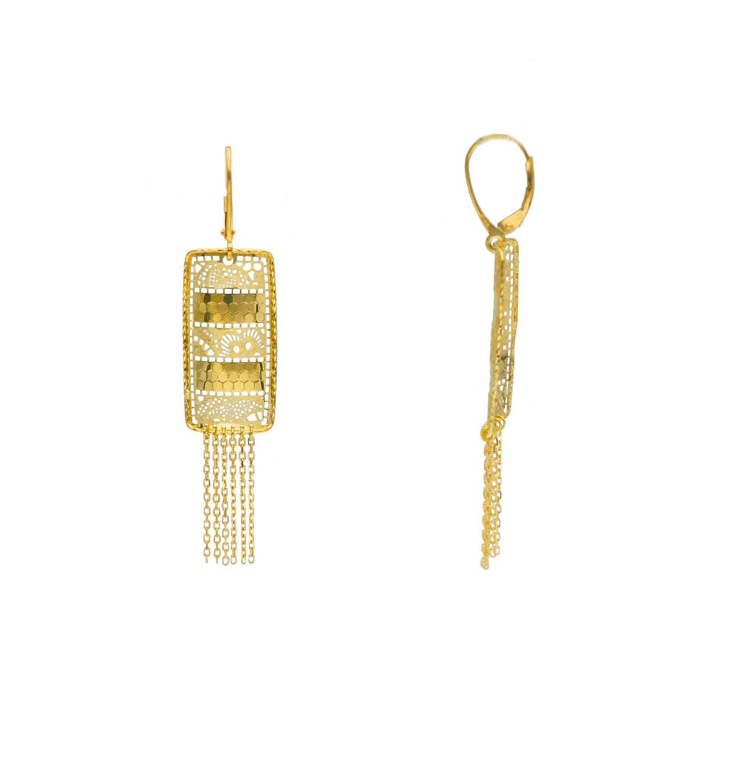 18K YELLOW GOLD PENDANT 65mm EARRINGS HONEYCOMB FLOWER RECTANGLES CASCADE CHAINS.