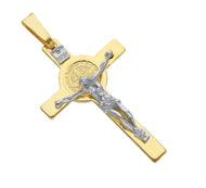 18k yellow white gold big Cross with Jesus & Saint Benedict medal.