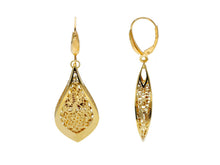 Load image into Gallery viewer, 18K YELLOW GOLD PENDANT 42mm EARRINGS FINELY WORKED ONDULATE FLOWER 3D DROPS.
