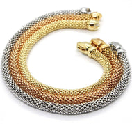 3 18K ROSE YELLOW WHITE GOLD BRACELETS 7.3 INCHES, BASKET WEAVE, POPCORN 5 MM.