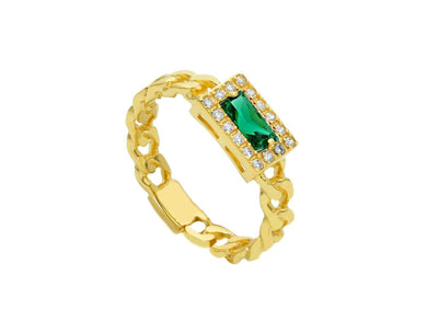 18K YELLOW GOLD RING, GOURMETTE CUBAN CURB CHAIN, SQUARE GREEN CENTRAL ZIRCONIA.