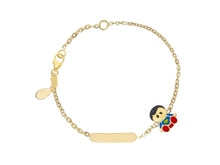 Load image into Gallery viewer, 18k yellow gold kid child boy baby enamel bracelet, engraving plate rolo chain.
