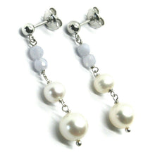 Load image into Gallery viewer, 18k white gold pendant earrings, with fw pearls and chalcedony.
