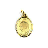 18k yellow gold pendant, Saint Pio of Pietrelcina, 20mm satin oval medal.