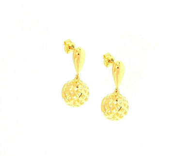18K YELLOW GOLD PENDANT EARRINGS, 10mm WORKED SHPERE BALLS, LENGTH 20mm.