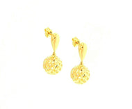18K YELLOW GOLD PENDANT EARRINGS, 10mm WORKED SHPERE BALLS, LENGTH 20mm.