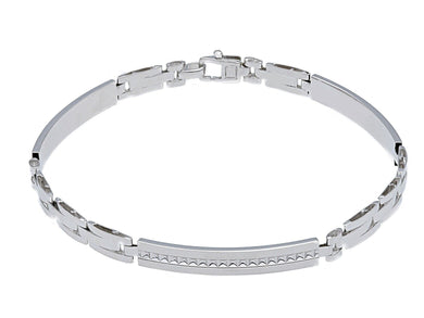 18K WHITE GOLD MAN SEMI RIGID BRACELET ALTERNATE 4mm FLAT WORKED STRIPED PLATES.