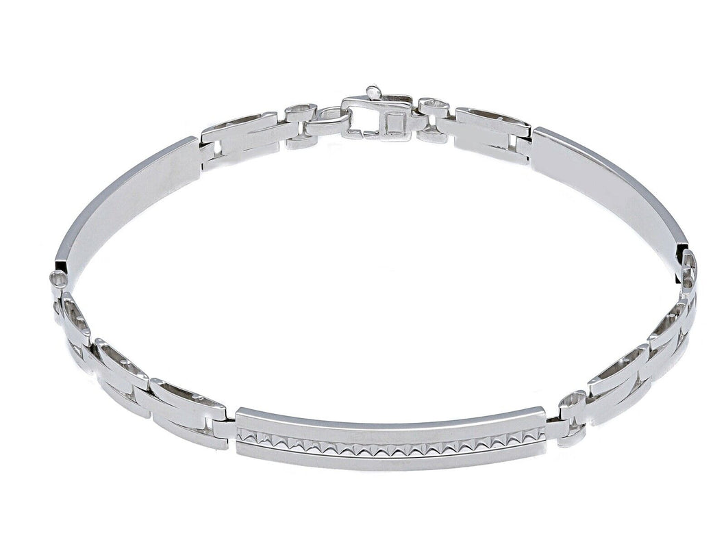 18K WHITE GOLD MAN SEMI RIGID BRACELET ALTERNATE 4mm FLAT WORKED STRIPED PLATES.