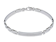 18K WHITE GOLD MAN SEMI RIGID BRACELET ALTERNATE 4mm FLAT WORKED STRIPED PLATES.