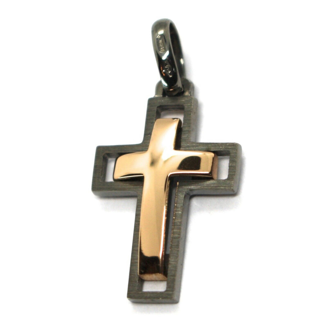 SOLID 18K BLACK & ROSE GOLD DOUBLE CROSS, 0.9 INCHES, MADE IN ITALY SMOOTH SATIN.