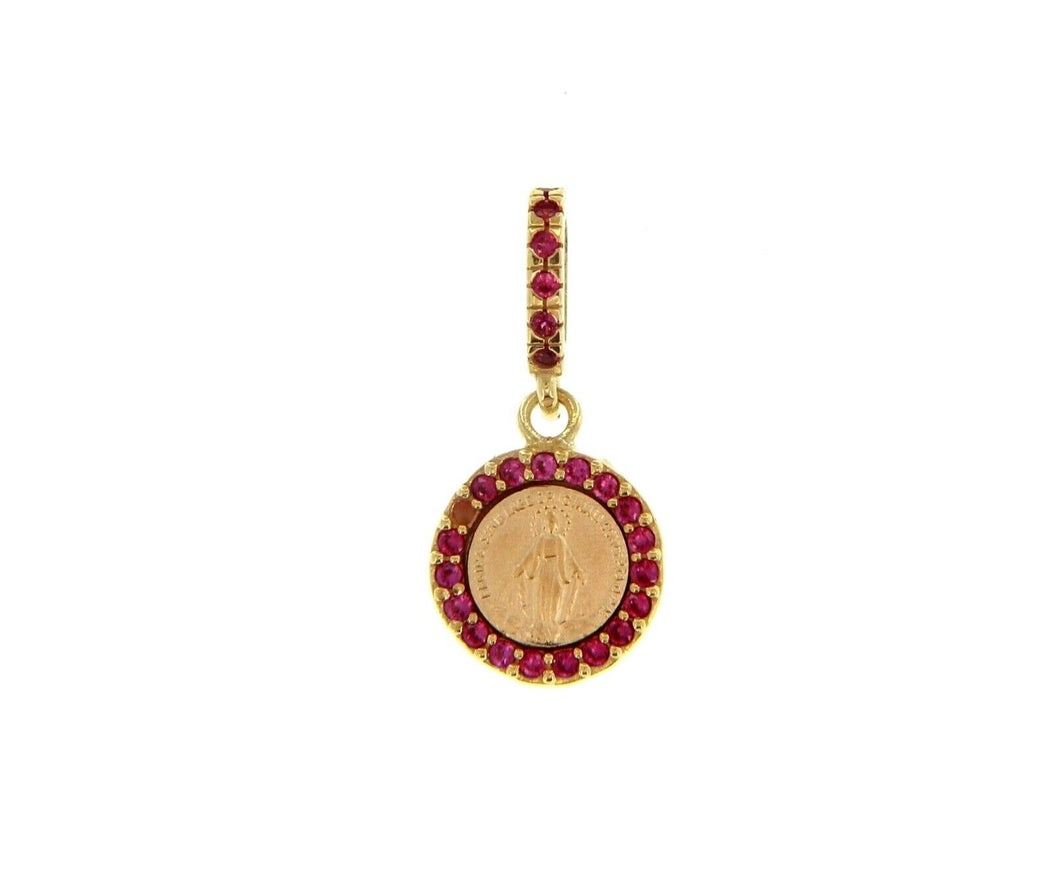 SOLID 18K YELLOW ROUND GOLD MEDAL, VIRGIN MARY 10mm, MIRACULOUS, RED ZIRCONIA