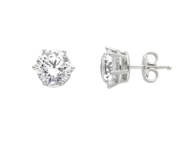 18K WHITE GOLD STUD EARRINGS WHITE 8mm CUBIC ZIRCONIA, 6 PRONG, SOLITAIRE.