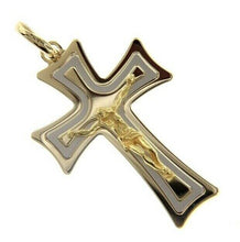 Load image into Gallery viewer, 18K YELLOW WHITE GOLD BIG JESUS CROSS 4cm 1.57&quot;, CURVED SIDES, SOLID, ITALY MADE.
