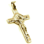 solid 18k yellow gold Cross, Jesus & st Saint Benedict medal, 28mm very detailed.