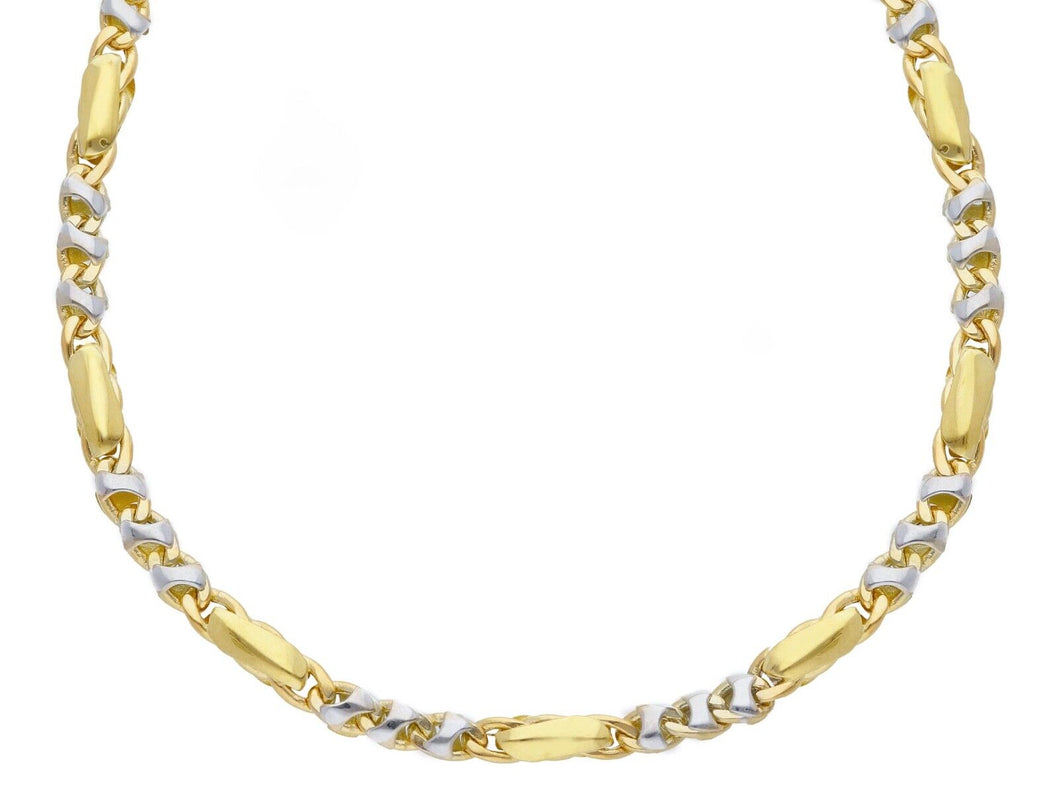 18K YELLOW WHITE GOLD CHAIN NECKLACE 4mm ALTERNATE 3+1 ROUNDED OVALS, 20