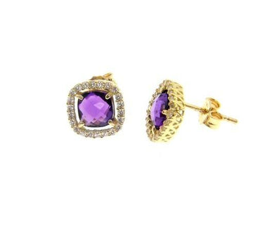 18K YELLOW GOLD EARRINGS CUSHION SQUARE PURPLE AMETHYST AND CUBIC ZIRCONIA FRAME.