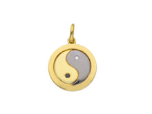 Load image into Gallery viewer, 18K YELLOW BLACK GOLD ROUND 14mm YIN YANG MEDAL PENDANT, BLACK WHITE DIAMONDS.
