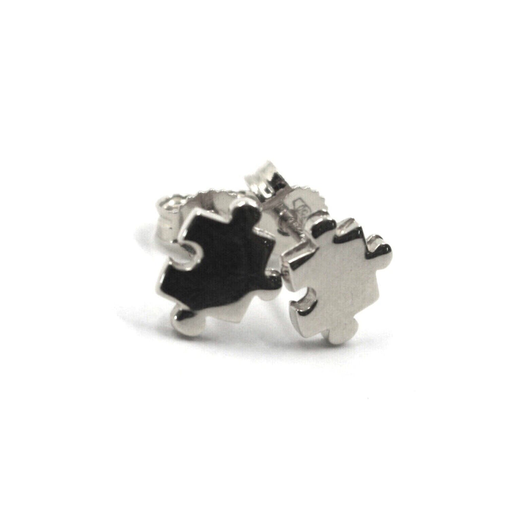 SOLID 18K WHITE GOLD EARRINGS, SMALL 7x9mm PUZZLE PIECES, FLAT, MADE IN ITALY.
