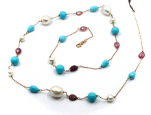 Load image into Gallery viewer, 18k rose gold 25.6&quot; necklace turquoise paste spheres red tourmaline drops pearls.
