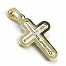 Load image into Gallery viewer, SOLID 18K YELLOW WHITE GOLD ROUNDED JESUS CROSS PENDANT, MADE IN ITALY, 0.8&quot; 2cm
