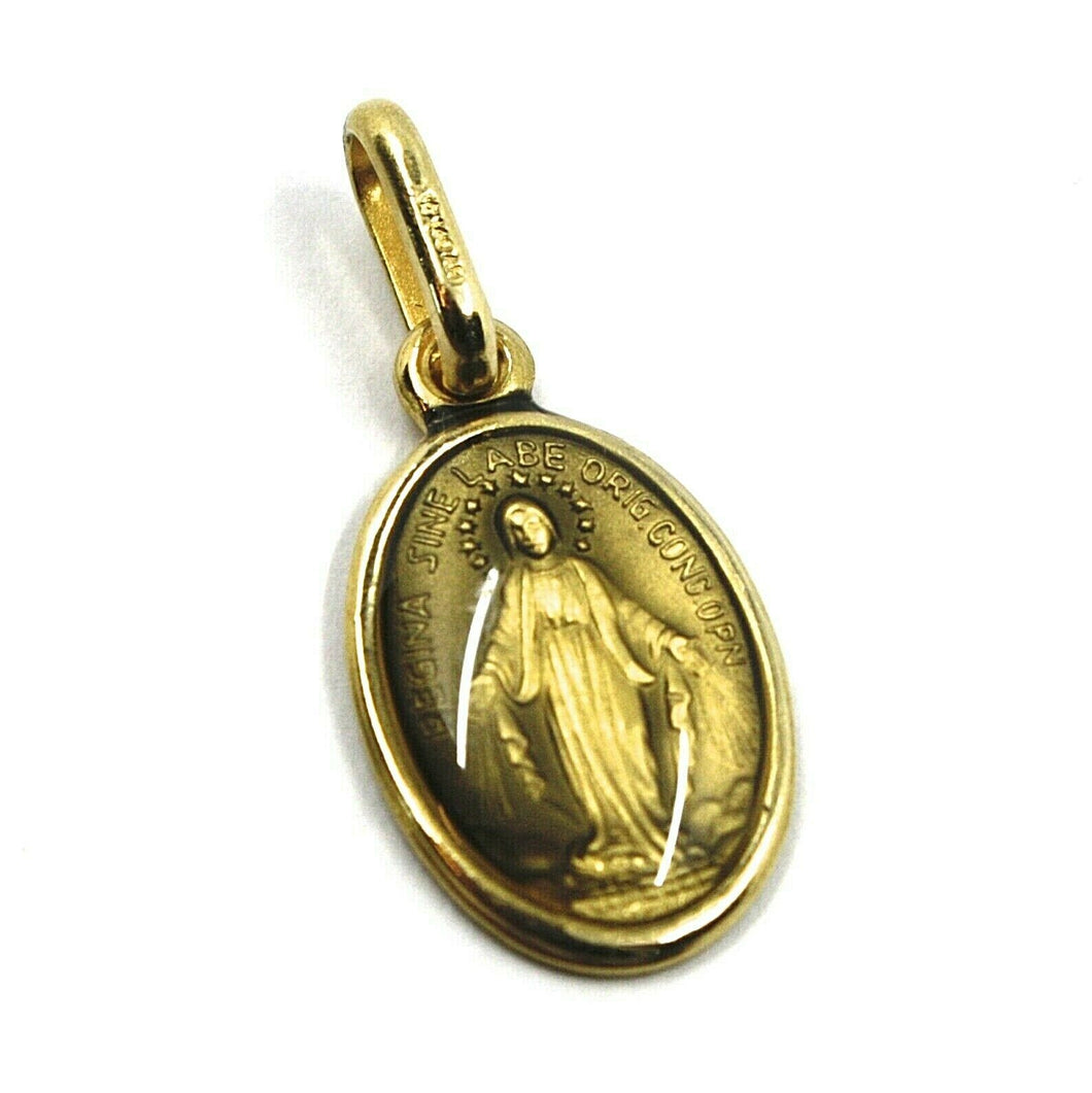 SOLID 18K YELLOW OVAL GOLD MEDAL, VIRGIN MARY 13mm, MIRACULOUS, BROWN ENAMEL.