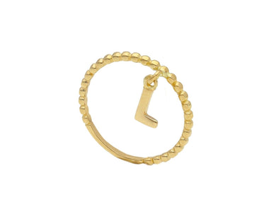18K YELLOW GOLD RING, SMALL 1mm SQUARES WIRE AND 5mm LETTER INITIAL L PENDANT.