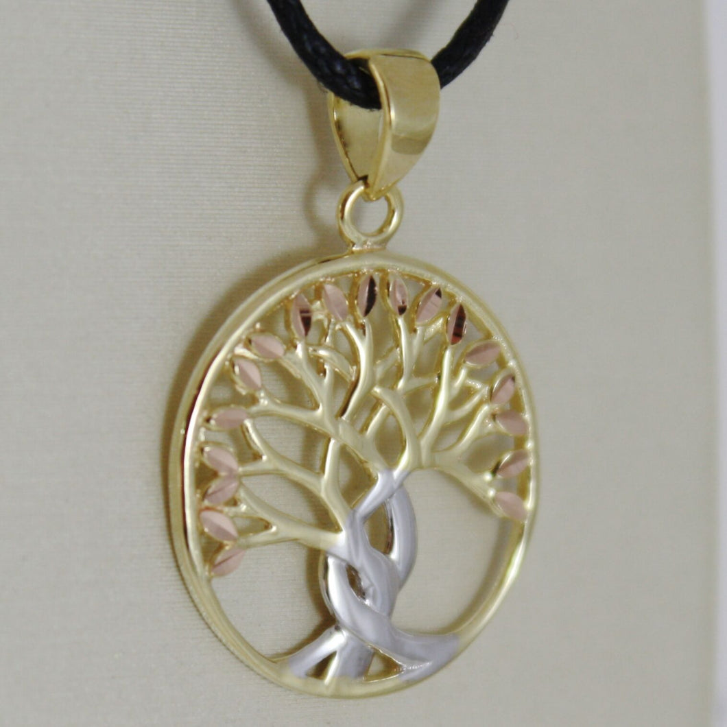 18K YELLOW WHITE ROSE GOLD TREE OF LIFE PENDANT 17 MM .67 INCHES, MADE IN ITALY