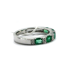 Load image into Gallery viewer, 18k white gold band square ring oval green emeralds 0.87ct &amp; diamonds 0.08ct.
