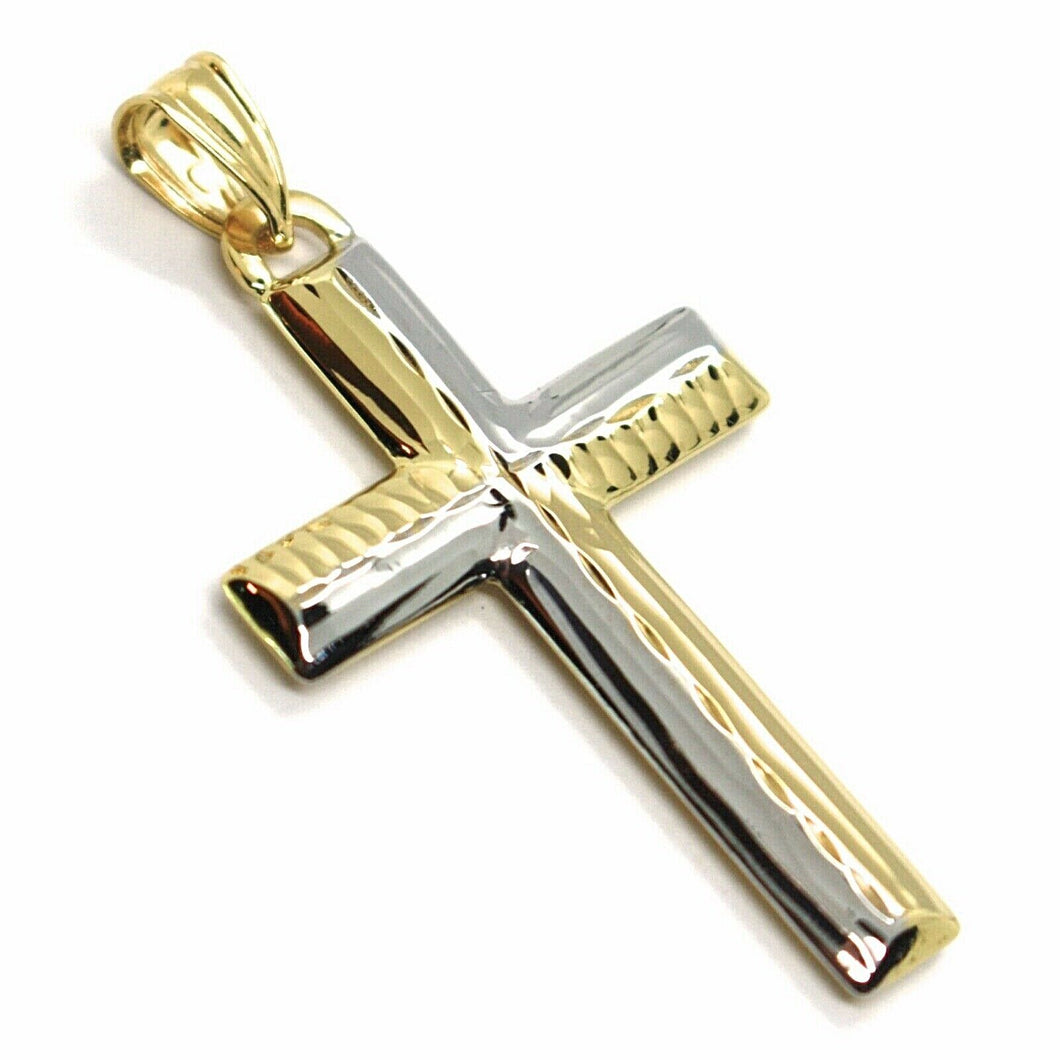 18k white & yellow gold flat cross, 1.38 inches, finely worked, square bicolour
