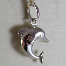 Load image into Gallery viewer, 18k white gold rounded mini dolphin pendant charm, finely hammered made in Italy.
