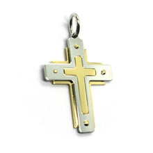 Load image into Gallery viewer, 18K YELLOW WHITE GOLD CROSS PENDANT 28mm 1.1&quot;, FLAT SQUARED DOUBLE, ITALY MADE
