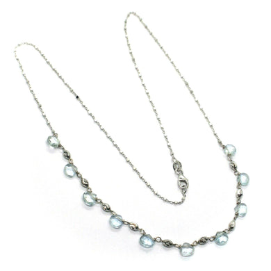 18k white gold necklace drop faceted aquamarine, rolo cube chain, faceted balls.