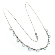 18k white gold necklace drop faceted aquamarine, rolo cube chain, faceted balls.