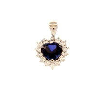 Load image into Gallery viewer, 18k white gold heart pendant blue recrystallized sapphire, cubic zirconia frame
