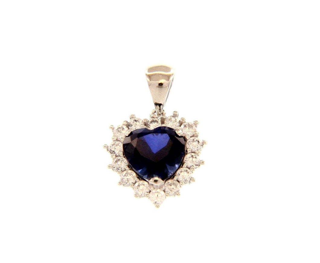 18k white gold heart pendant blue recrystallized sapphire, cubic zirconia frame