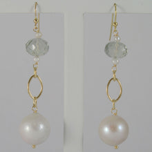 Load image into Gallery viewer, 18k yellow gold pendant earrings with big 12 mm white fw pearls and prasiolite.
