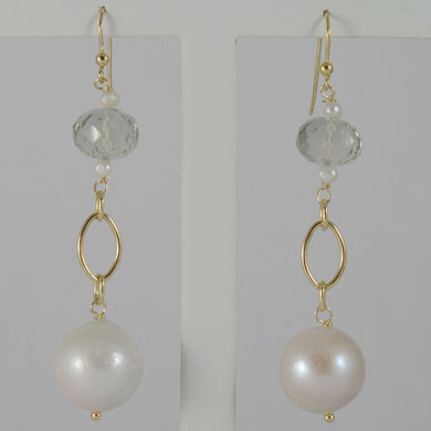 18k yellow gold pendant earrings with big 12 mm white fw pearls and prasiolite.